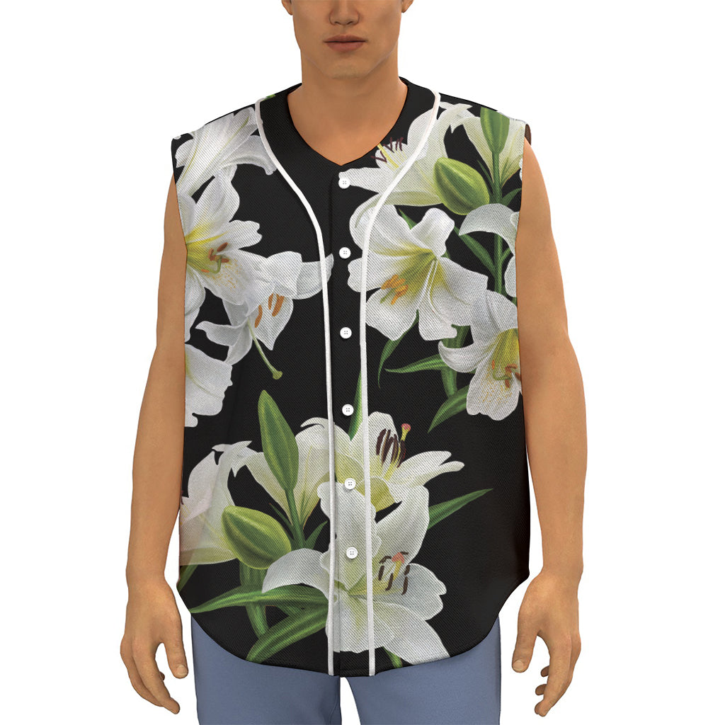 White Lily Print Sleeveless Baseball Jersey