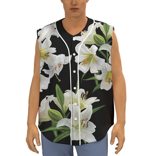 White Lily Print Sleeveless Baseball Jersey