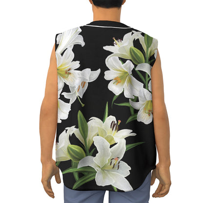 White Lily Print Sleeveless Baseball Jersey