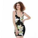 White Lily Print Sleeveless Bodycon Dress