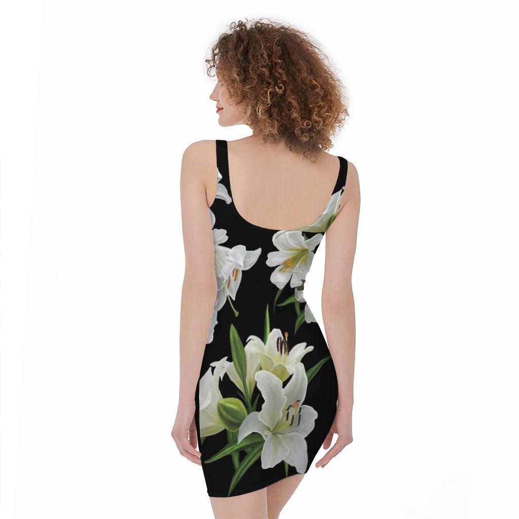 White Lily Print Sleeveless Bodycon Dress