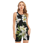 White Lily Print Sleeveless One Piece Swimsuit