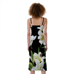 White Lily Print Slim Fit Midi Cami Dress