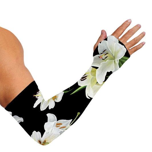 White Lily Print Sun Protection Arm Sleeves