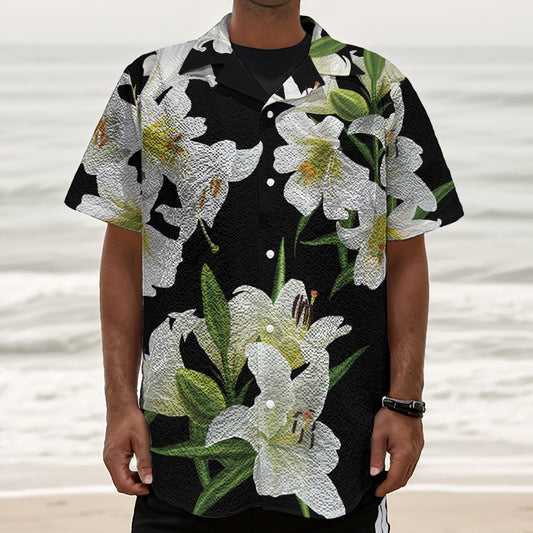 White Lily Print Textured Short Sleeve Shirt