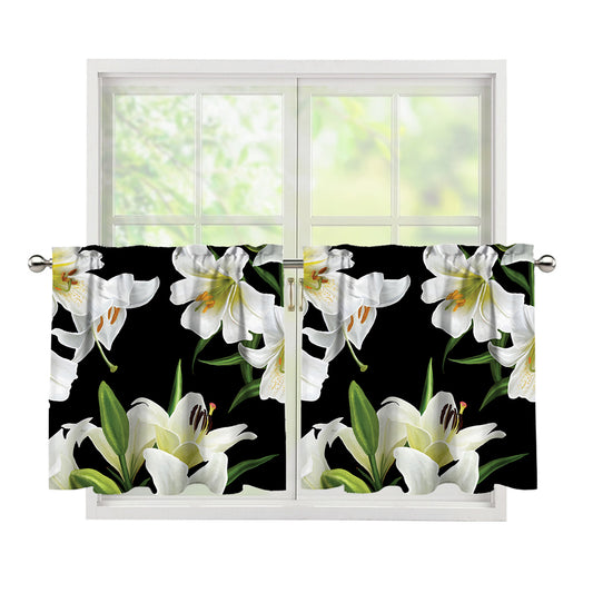White Lily Print Tier Curtains