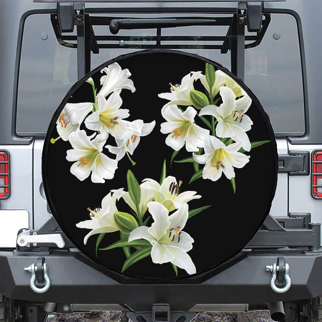 White Lily Print Tire Cover