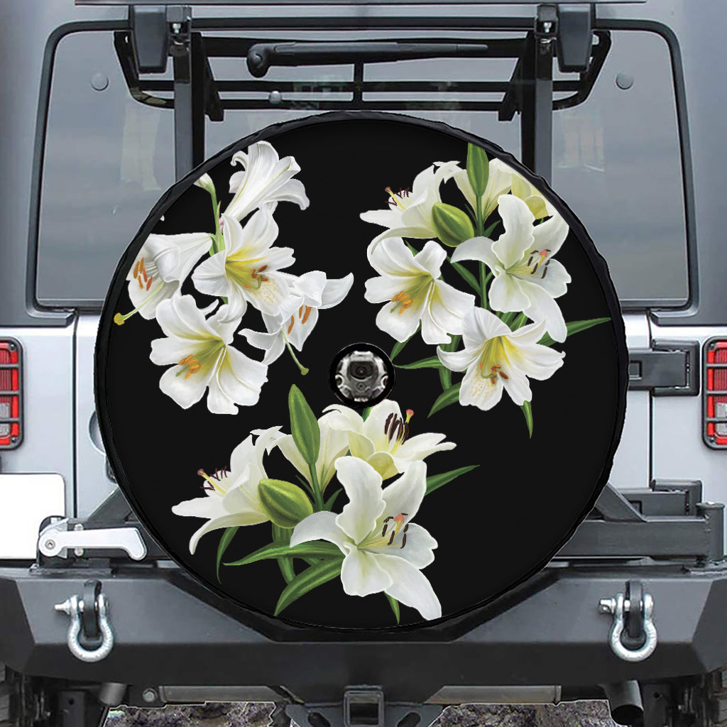 White Lily Print Tire Cover With Camera Hole