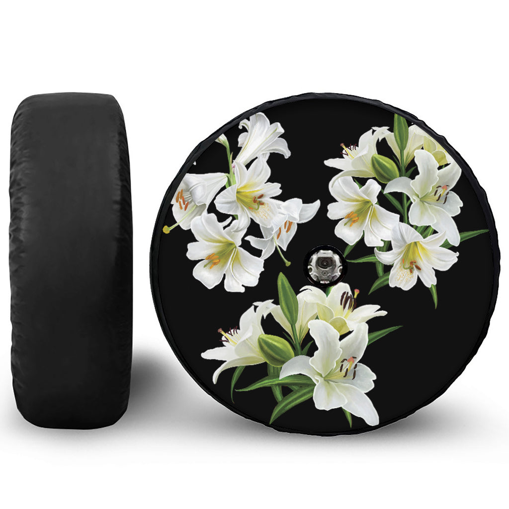 White Lily Print Tire Cover With Camera Hole