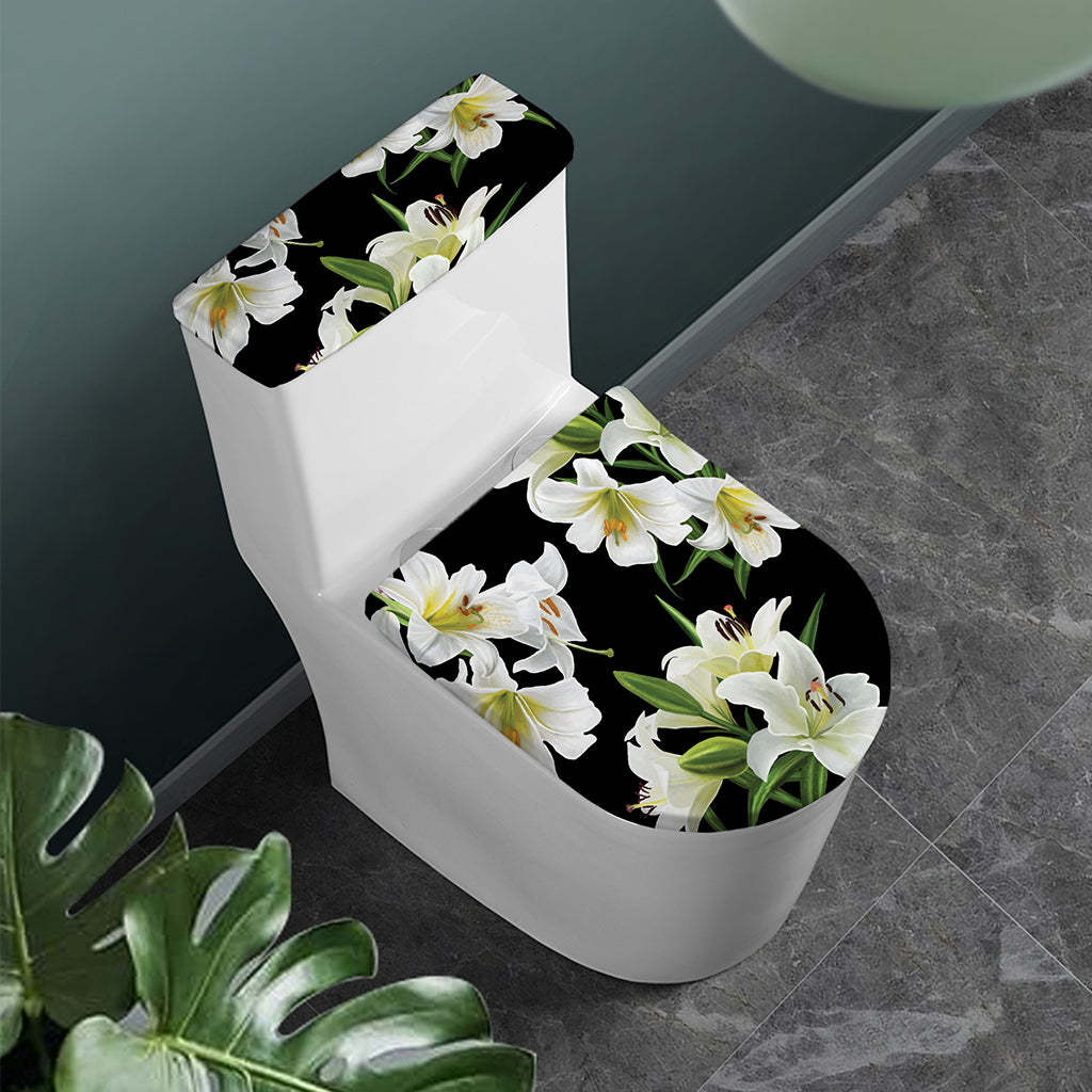 White Lily Print Toilet Lid And Tank Cover Set