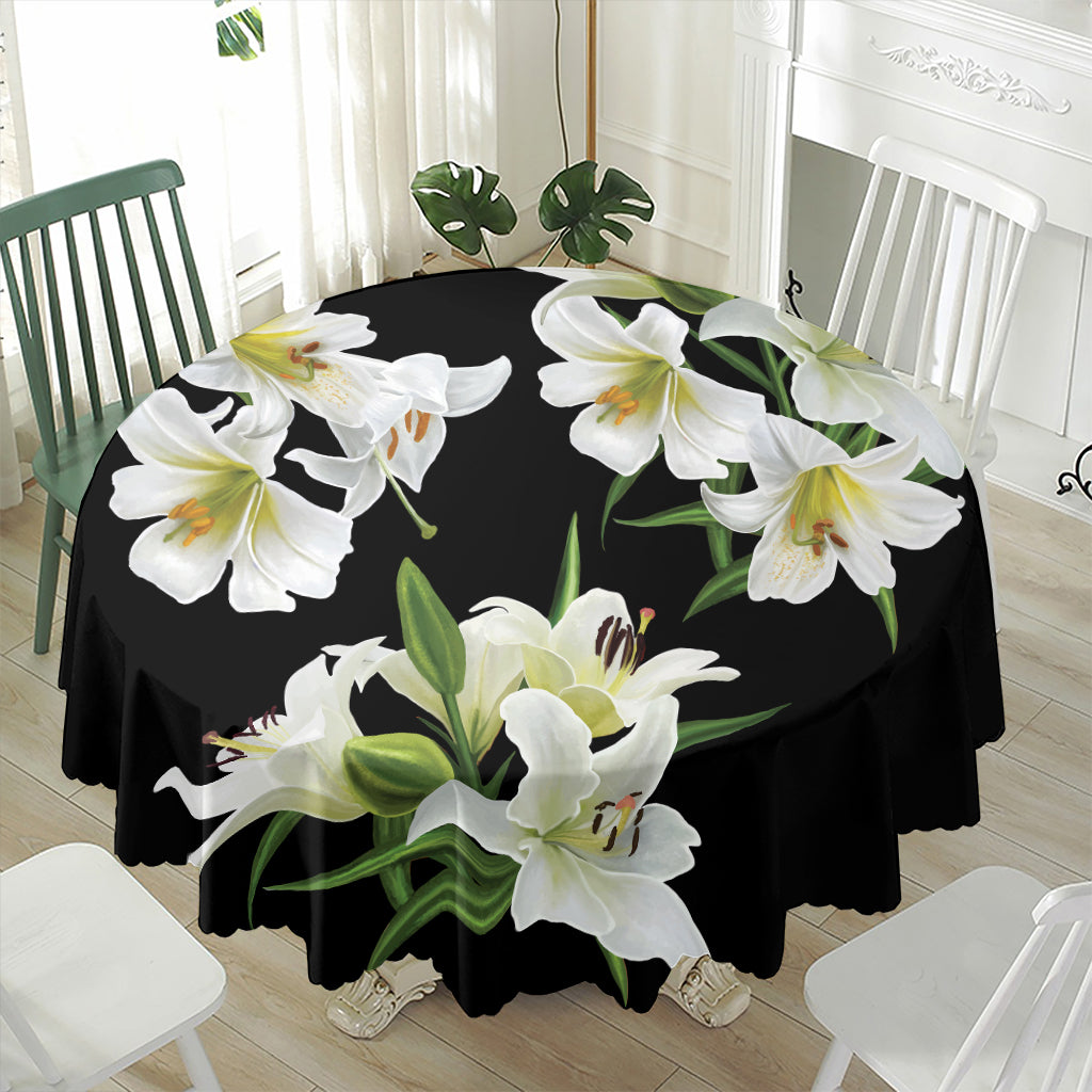 White Lily Print Waterproof Round Tablecloth