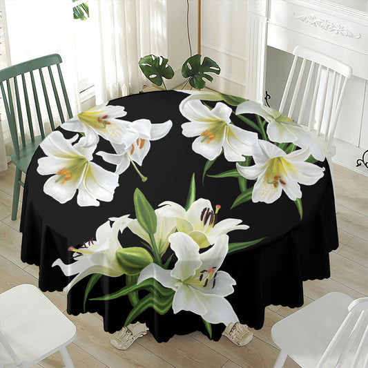 White Lily Print Waterproof Round Tablecloth