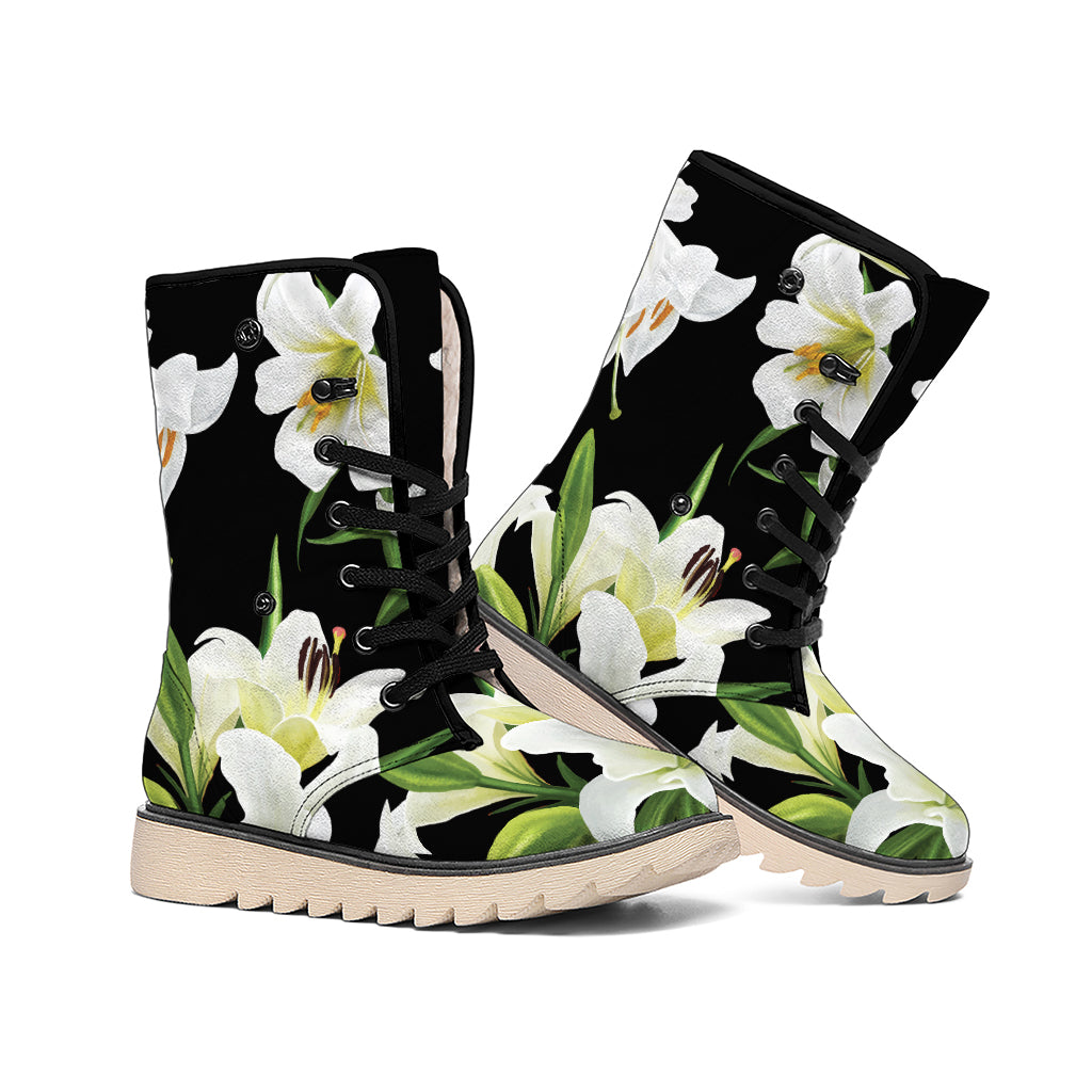 White Lily Print Winter Boots