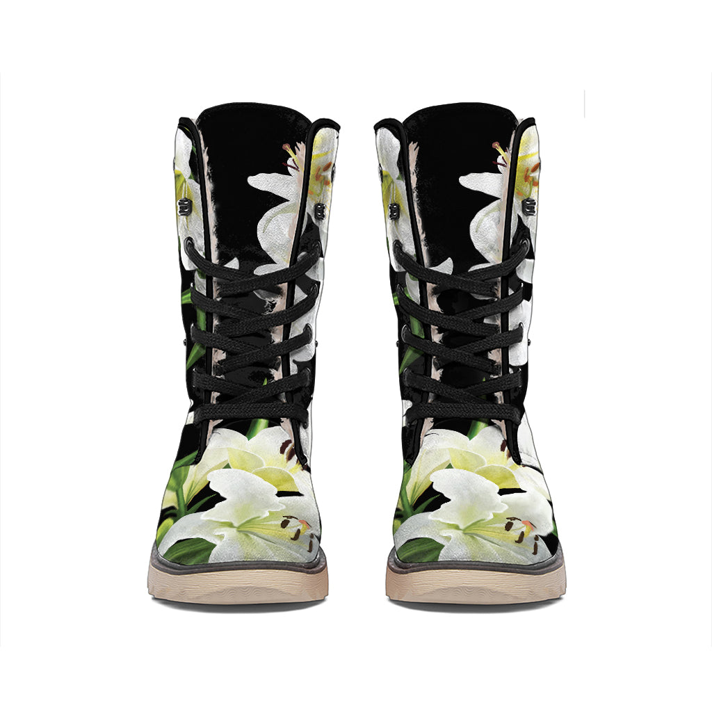 White Lily Print Winter Boots