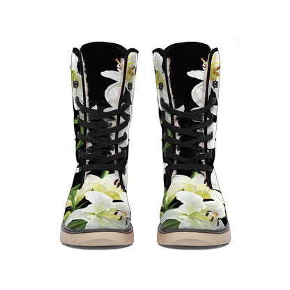 White Lily Print Winter Boots