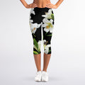 White Lily Print Women's Capri Leggings