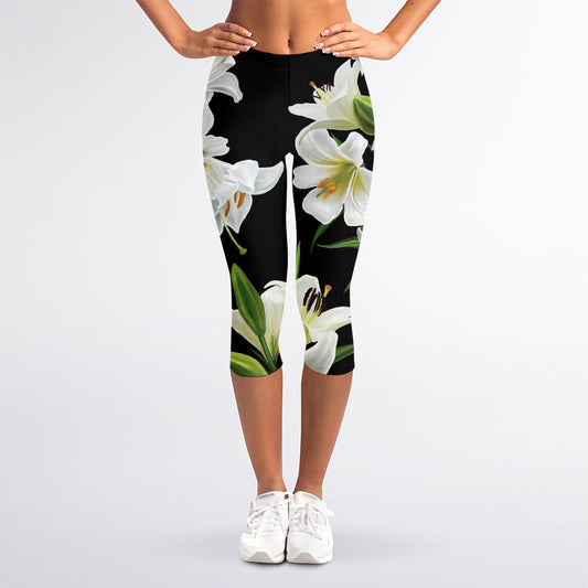 White Lily Print Women's Capri Leggings