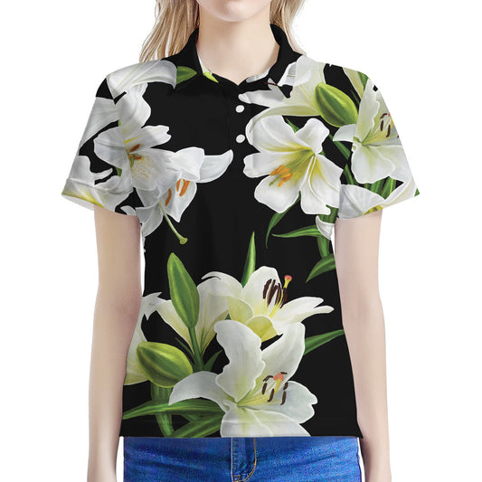 White Lily Print Women's Polo Shirt