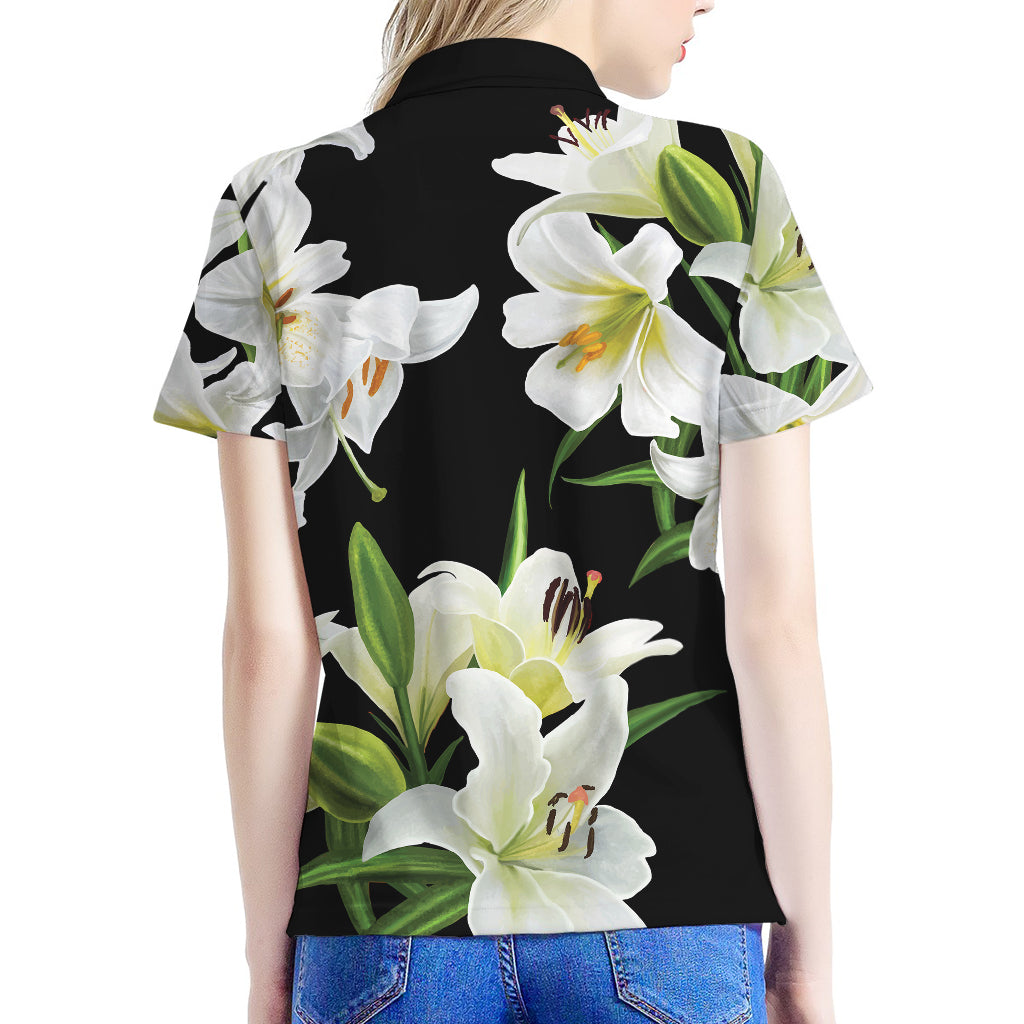 White Lily Print Women's Polo Shirt