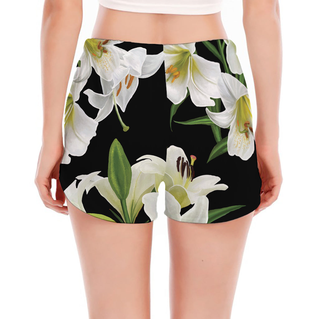 White Lily Print Women's Split Running Shorts
