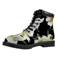 White Lily Print Padded Collar Lace Up Boots