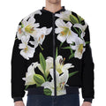 White Lily Print Zip Sleeve Bomber Jacket