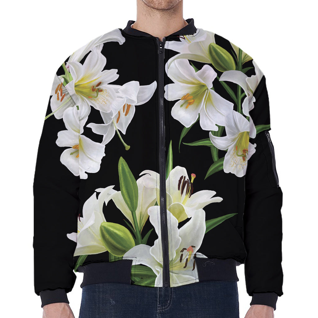 White Lily Print Zip Sleeve Bomber Jacket