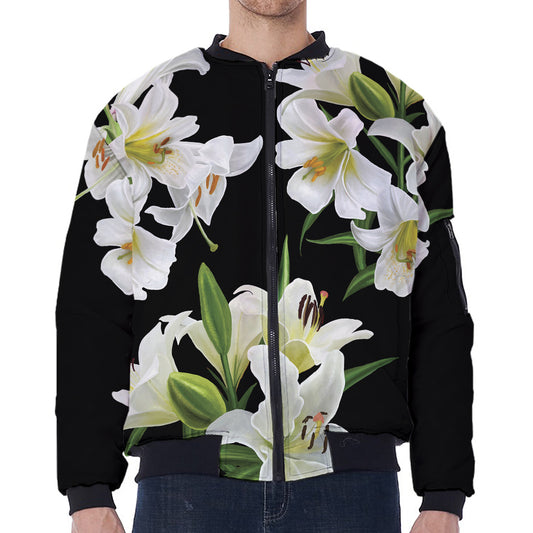White Lily Print Zip Sleeve Bomber Jacket