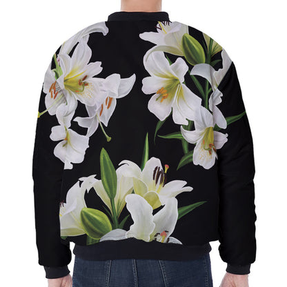 White Lily Print Zip Sleeve Bomber Jacket