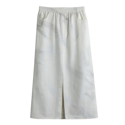 White Marble Print Cotton Front Slit Maxi Skirt