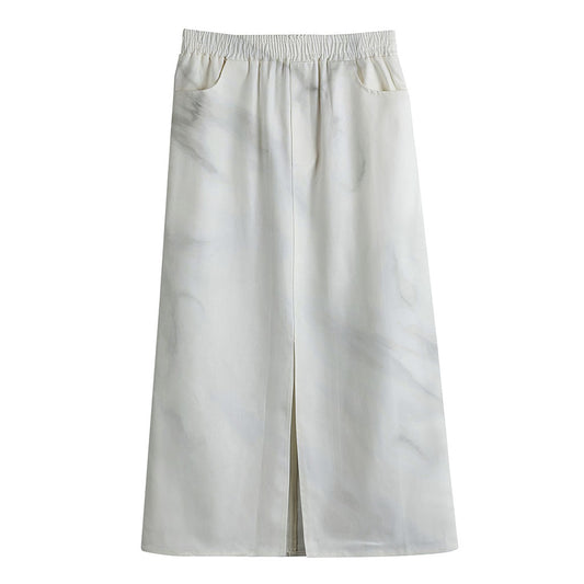 White Marble Print Cotton Front Slit Maxi Skirt