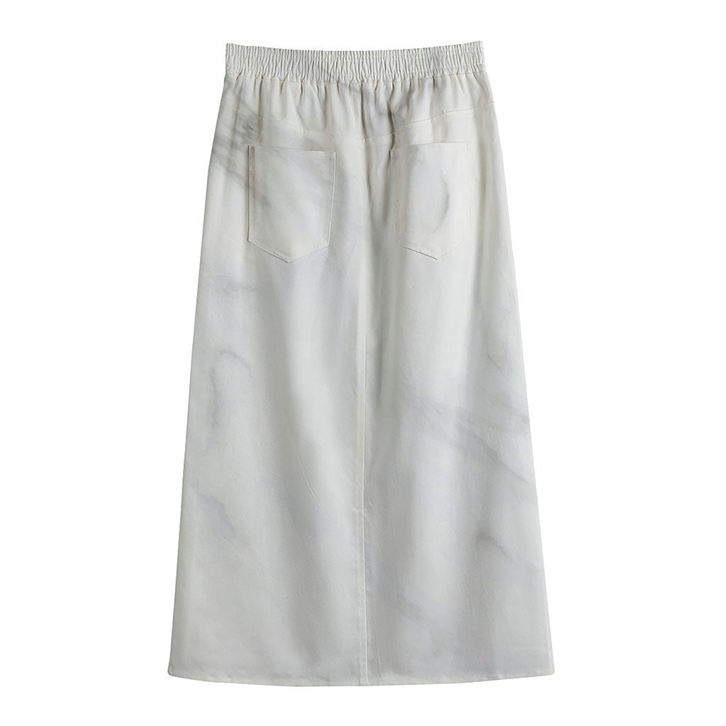 White Marble Print Cotton Front Slit Maxi Skirt