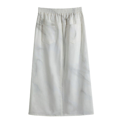 White Marble Print Cotton Front Slit Maxi Skirt