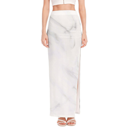 White Marble Print High Slit Maxi Skirt