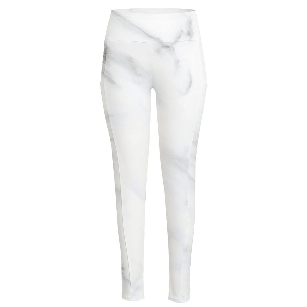 White Marble Print High-Waisted Pocket Leggings