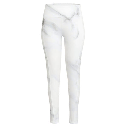 White Marble Print High-Waisted Pocket Leggings