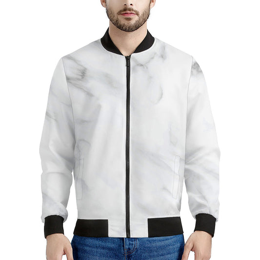 White Marble Print Men's Bomber Jacket