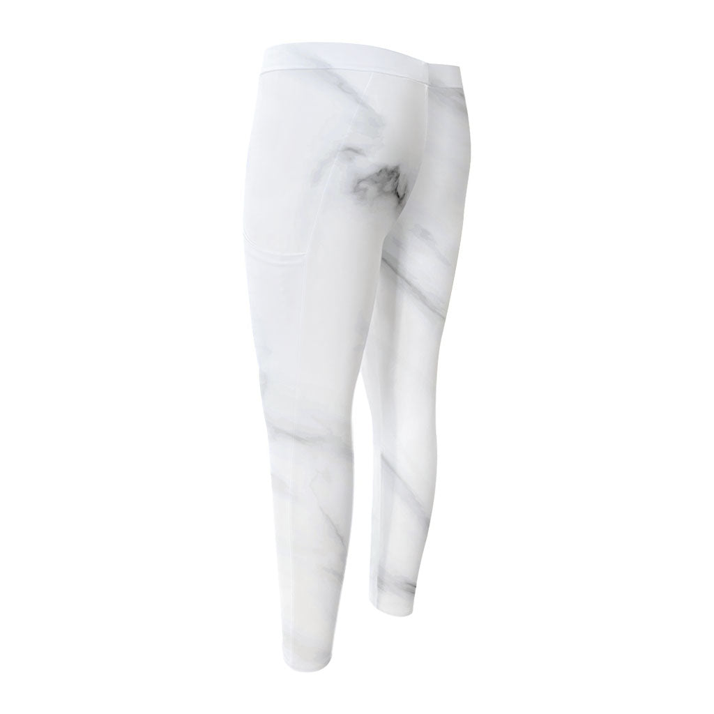White Marble Print Men's Compression Pants