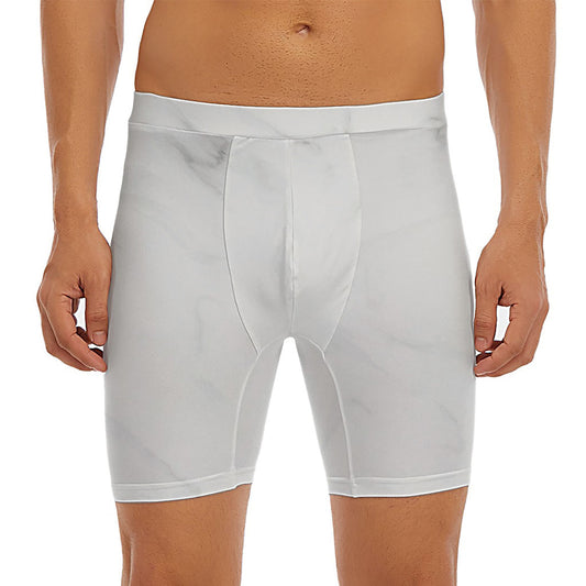 White Marble Print Men's Long Boxer Briefs