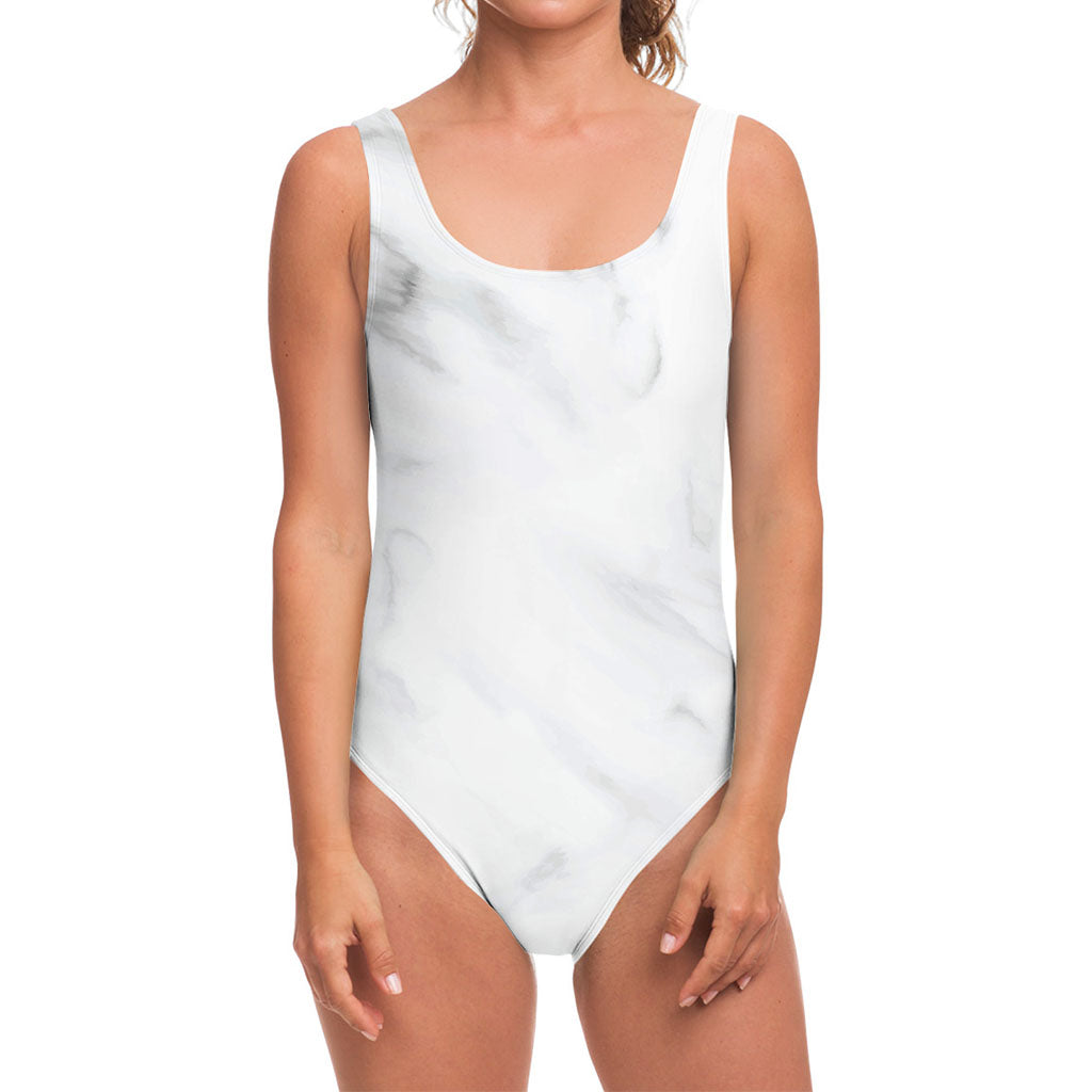 White Marble Print One Piece Swimsuit