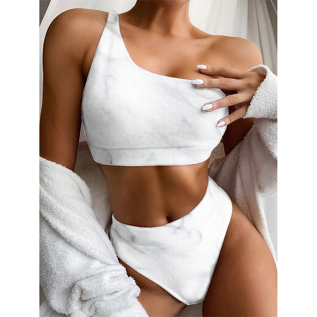 White Marble Print One Shoulder Bikini Top