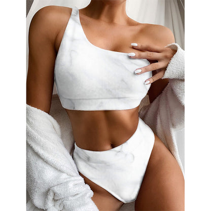 White Marble Print One Shoulder Bikini Top