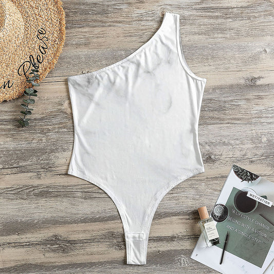 White Marble Print One Shoulder Bodysuit