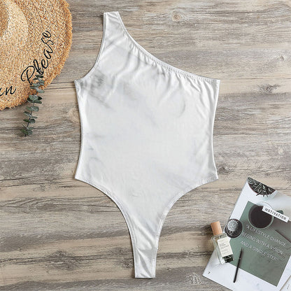 White Marble Print One Shoulder Bodysuit