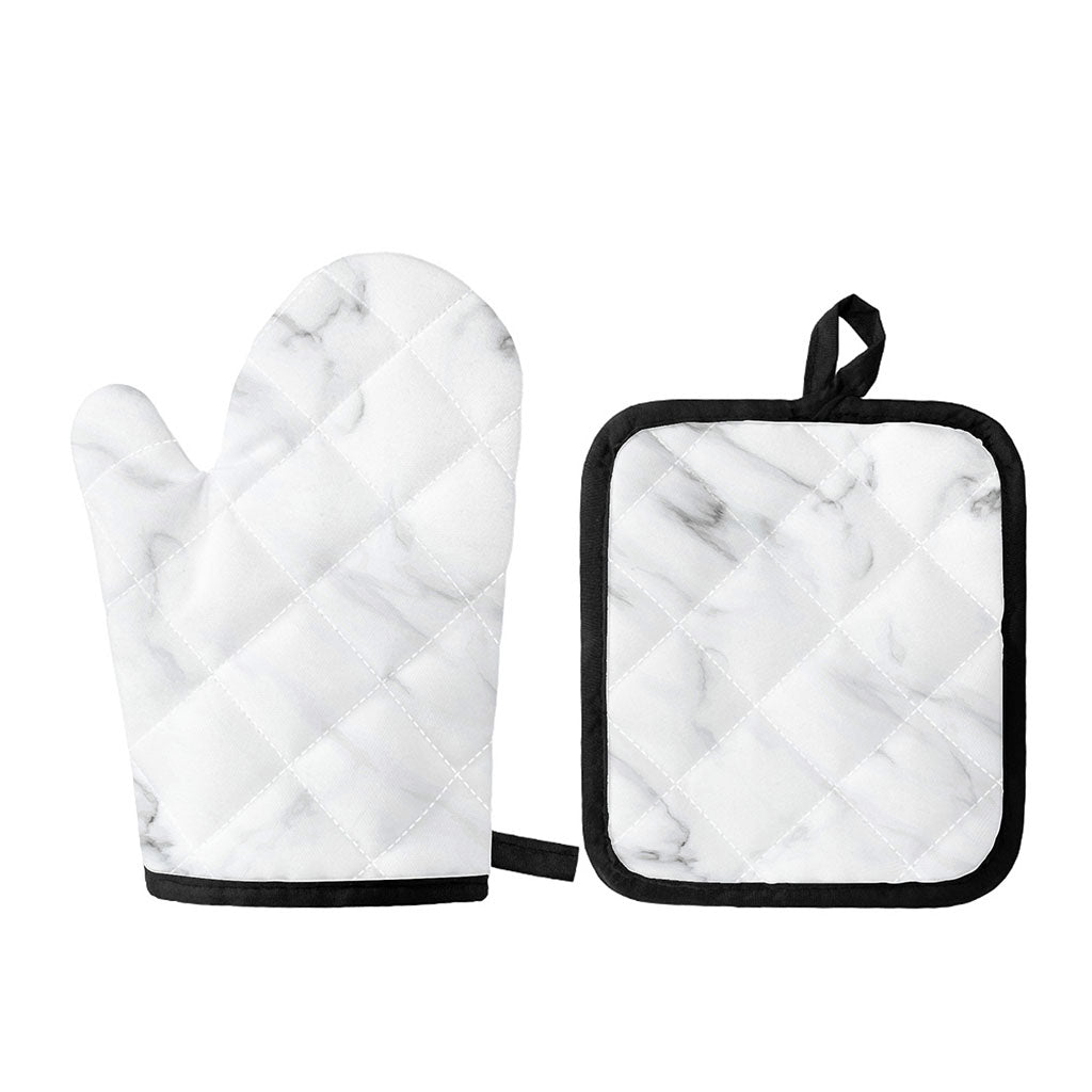White Marble Print Oven Mitt And Pot Holder Set