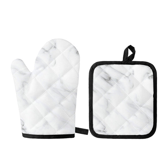 White Marble Print Oven Mitt And Pot Holder Set