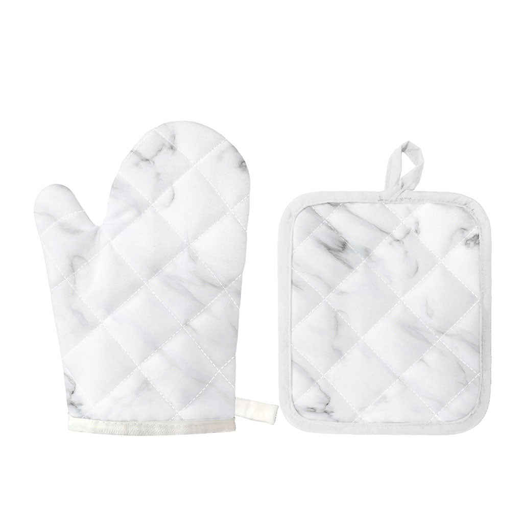 White Marble Print Oven Mitt And Pot Holder Set