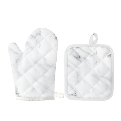 White Marble Print Oven Mitt And Pot Holder Set