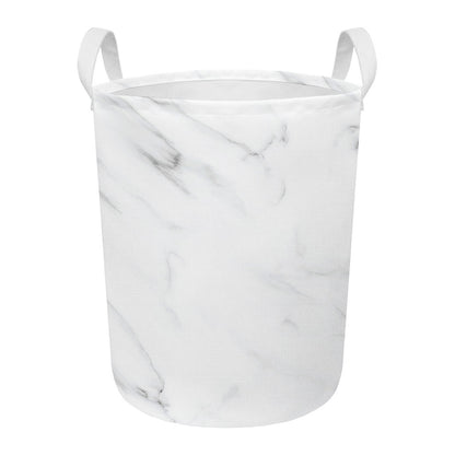 White Marble Print Round Laundry Basket