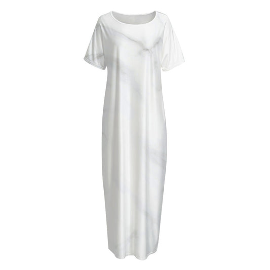 White Marble Print Short Sleeve Long Nightdress